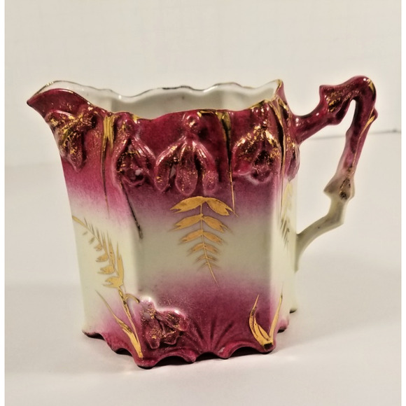 Antique Porcelain Cream Pitcher Gold & Purple Leaf, Cross Mark - Picture 1 of 6